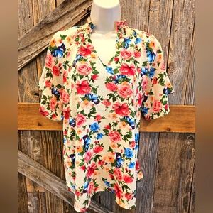 Lilypad Floral V Neck Short Sleeve Polyester Boho Summer Medium Relaxed Fit